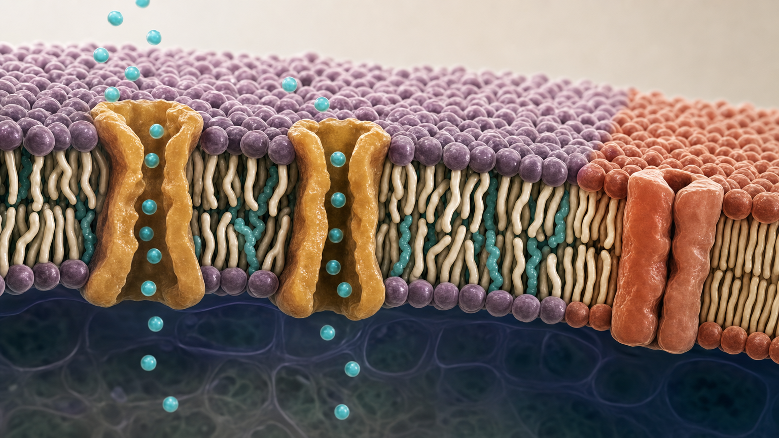 3D-Nahaufnahme einer aufgeschnittenen Zellmembran mit Phospholipid-Doppelschicht, geknickten Omega-3-Ketten, Transportkanälen und einem starren, terrakottafarben markierten Abschnitt