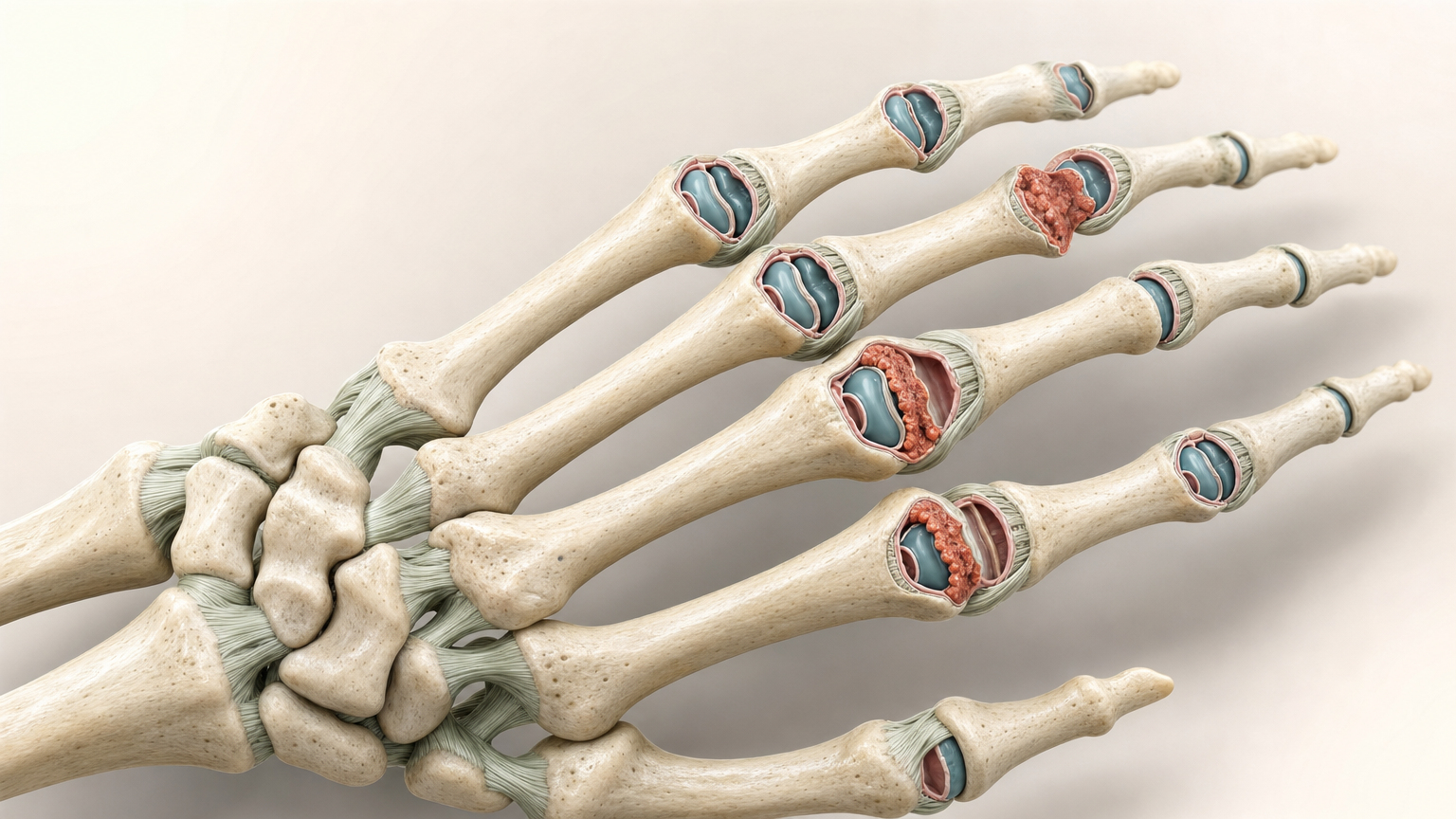 3D-Ansicht eines Handskeletts von oben, an mehreren Fingergelenken ist die Gelenkinnenhaut verdickt und terrakottafarben hervorgehoben, der Knorpel dort angegriffen