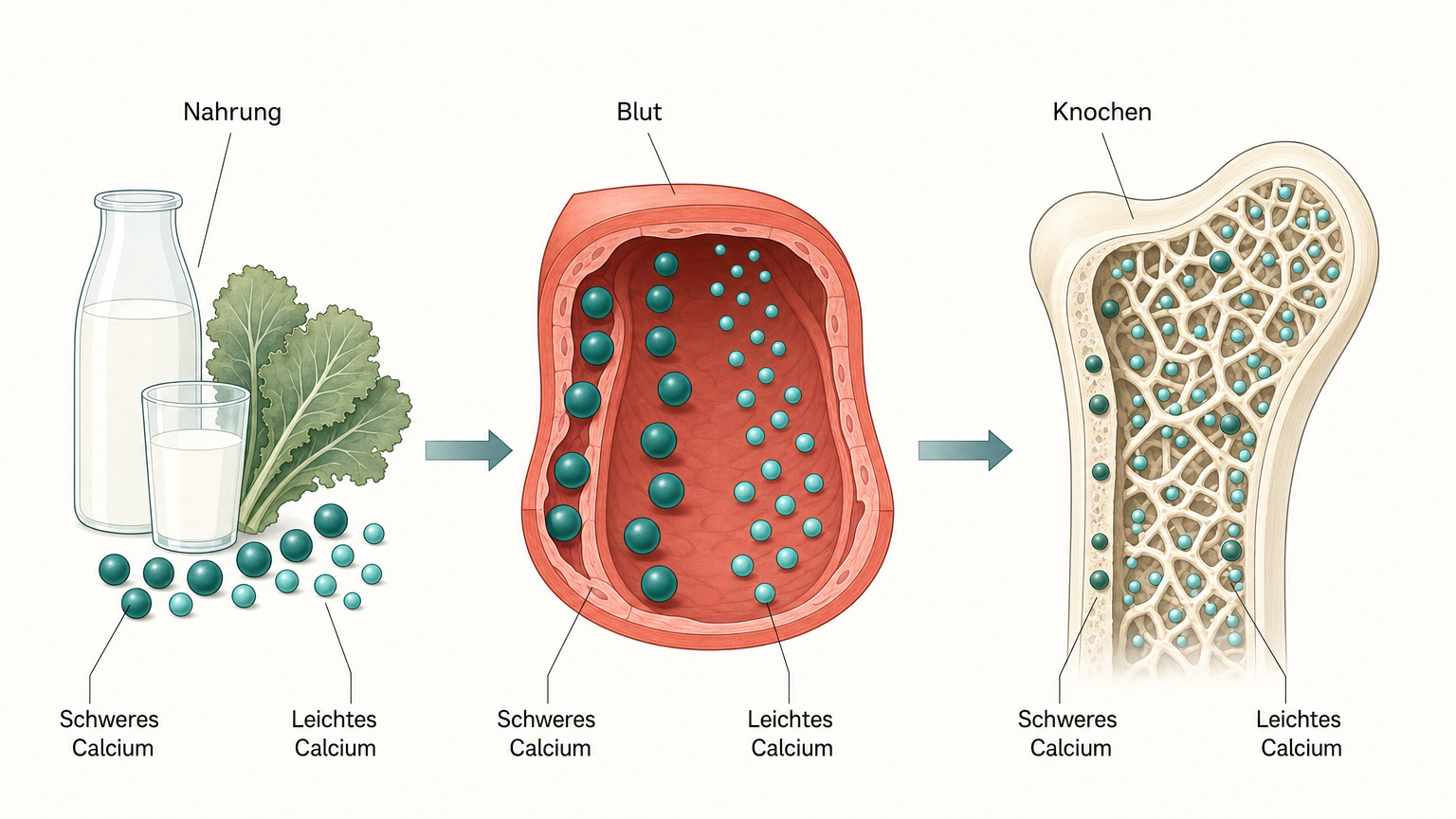 Weg des Calciums von der Nahrung über das Blut in den aufgeschnittenen Knochen, schwere Calciumkugeln bleiben zurück und leichte lagern sich im Knochen ein