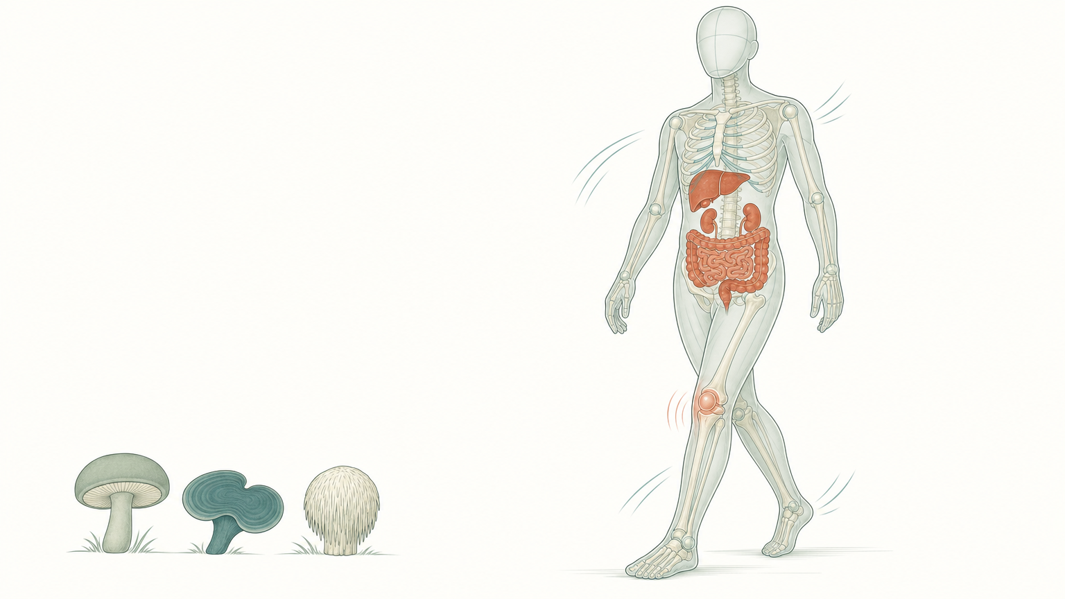 Wissenschaftliche Grafikfigur mit durchscheinendem Skelett, im Rumpf sind Leber, Nieren und Darm terrakottafarben hervorgehoben, am unteren Bildrand drei stilisierte Pilze