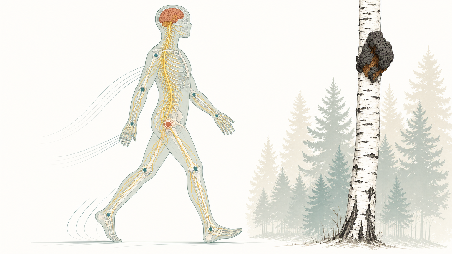 Wissenschaftliche Grafikfigur im aufrechten Gehschritt mit durchscheinendem Skelett, Gehirn und Nervenbahnen in Gelb gezeichnet und das Gehirn terrakottafarben hervorgehoben, im Hintergrund ein Birkenstamm mit dunklem Chaga-Wuchs