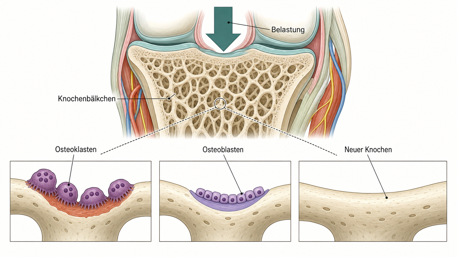 Schnitt durch einen Knochen mit Knochenbälkchen unter einem Belastungspfeil, daneben in drei Stationen Osteoklasten, die eine Grube abbauen, und Osteoblasten, die sie mit neuem Knochen füllen