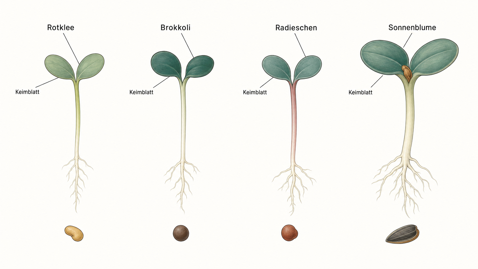 Botanische Tafel mit vier Sprossen von Rotklee, Brokkoli, Radieschen und Sonnenblume nebeneinander, jede mit Keimwurzel, Stiel und Keimblättern, darunter das jeweilige Samenkorn