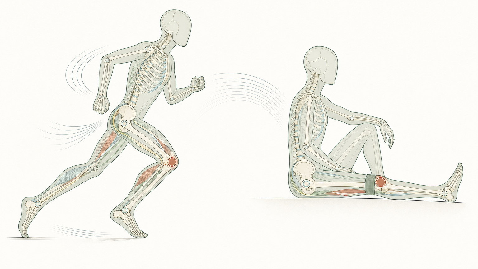 Wissenschaftliche Grafikfigur zweimal nebeneinander, links im Laufschritt unter Belastung, rechts ruhig sitzend mit Bandage am terrakottafarben markierten Knie