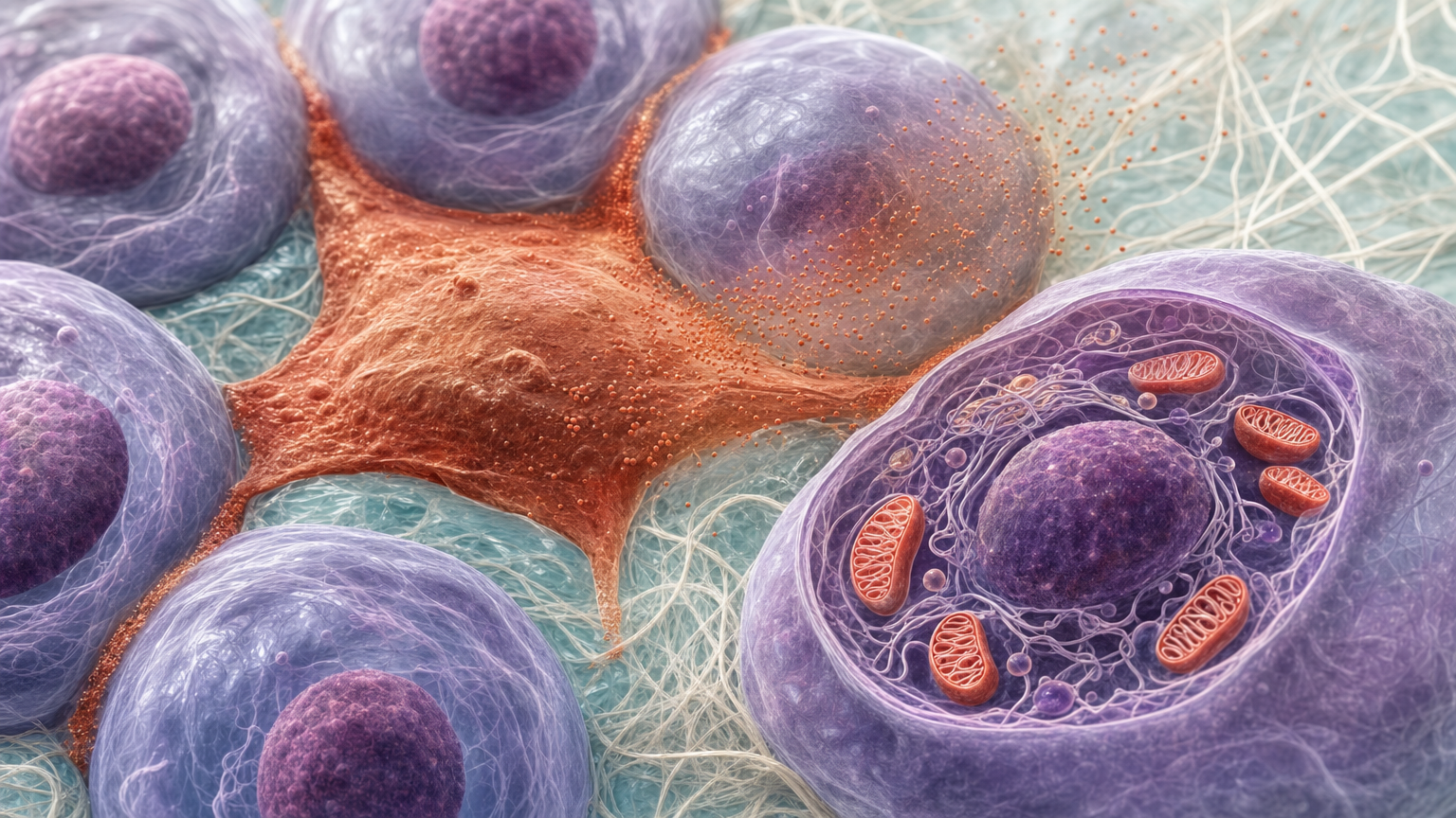 3D-Ansicht mehrerer Körperzellen mit Mitochondrien im Inneren, dazwischen eine alte terrakottafarbene Zelle, die Botenstoffe an ihre Nachbarzellen abgibt