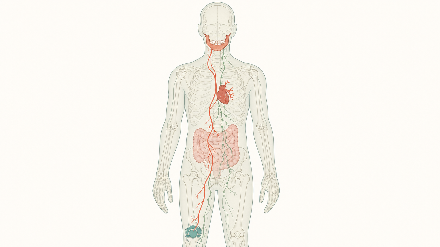 Wissenschaftliche Grafikfigur von vorn mit durchscheinendem Skelett, der Unterkiefer terrakottafarben markiert, von dort laufen eine rote Blutbahn und eine grüne Lymphbahn abwärts zu Herz, Darm und Kniegelenk