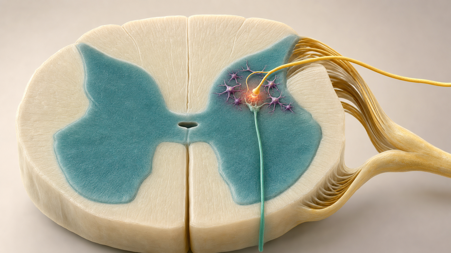 3D-Querschnitt durch das Rückenmark mit einer gelben Nervenfaser, die im Hinterhorn an einer von violetten Gliazellen umlagerten Schaltstelle endet, die Kontaktstelle terrakottafarben hervorgehoben