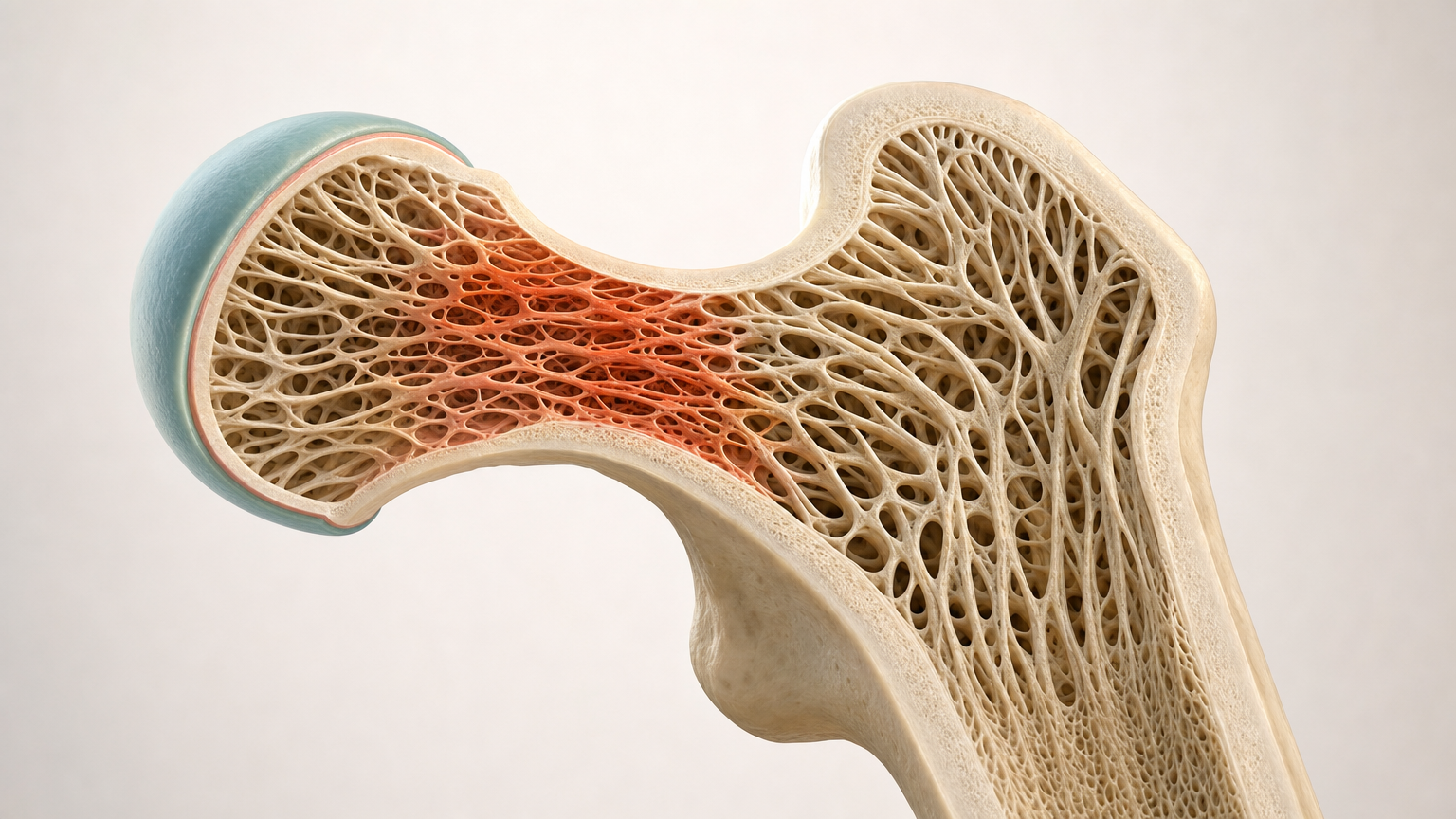 Oberes Ende eines Oberschenkelknochens mit Hüftkopf und Schenkelhals als wissenschaftliches 3D-Modell, längs aufgeschnitten, innen das schwammartige Bälkchenwerk, im Schenkelhals eine Zone ausgedünnter Bälkchen in Terrakotta