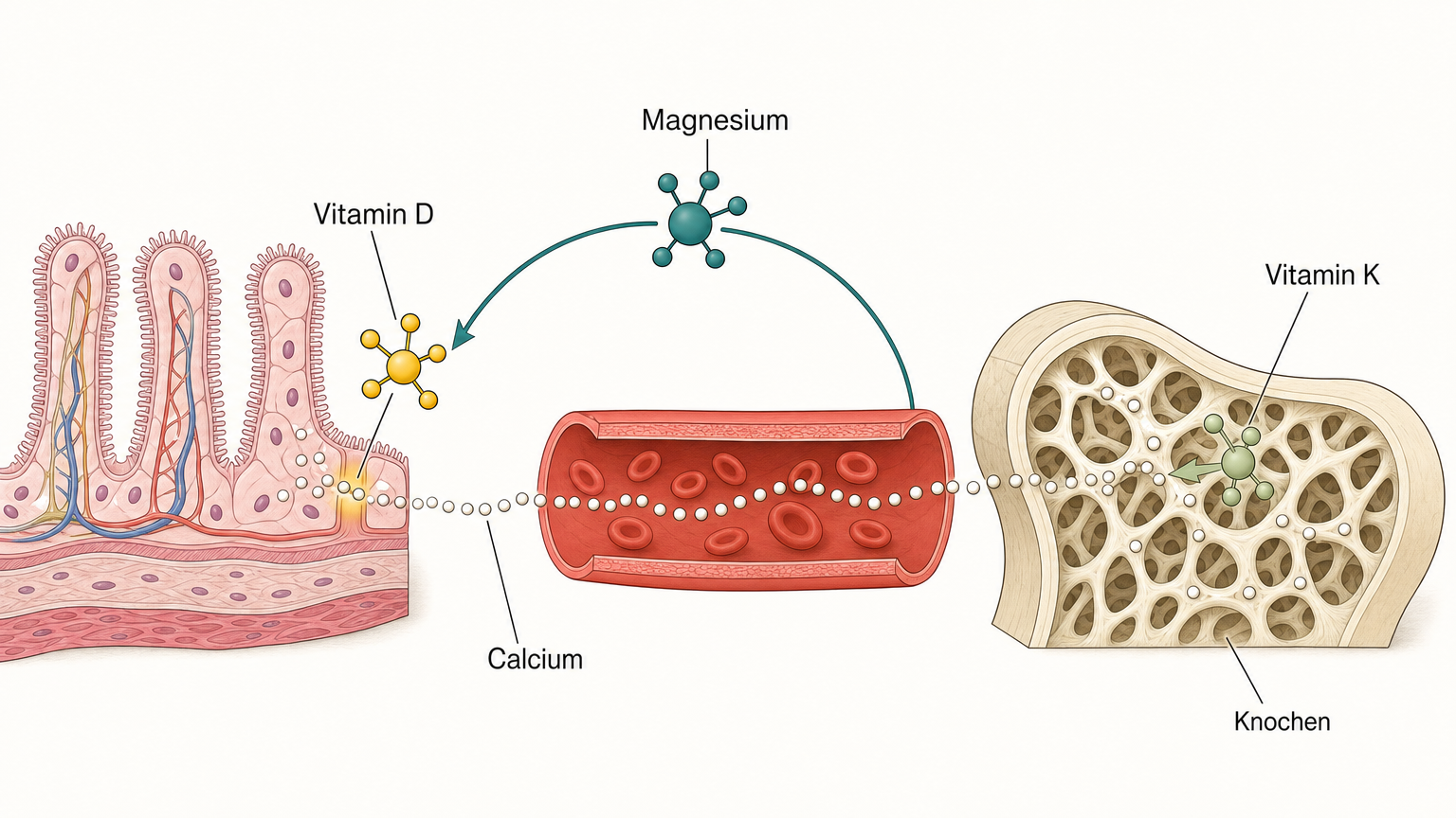 Schema des Calciumwegs von der Darmwand über das Blut in den Knochen mit Molekül-Piktogrammen für Vitamin D, Vitamin K und Magnesium an ihren Wirkorten