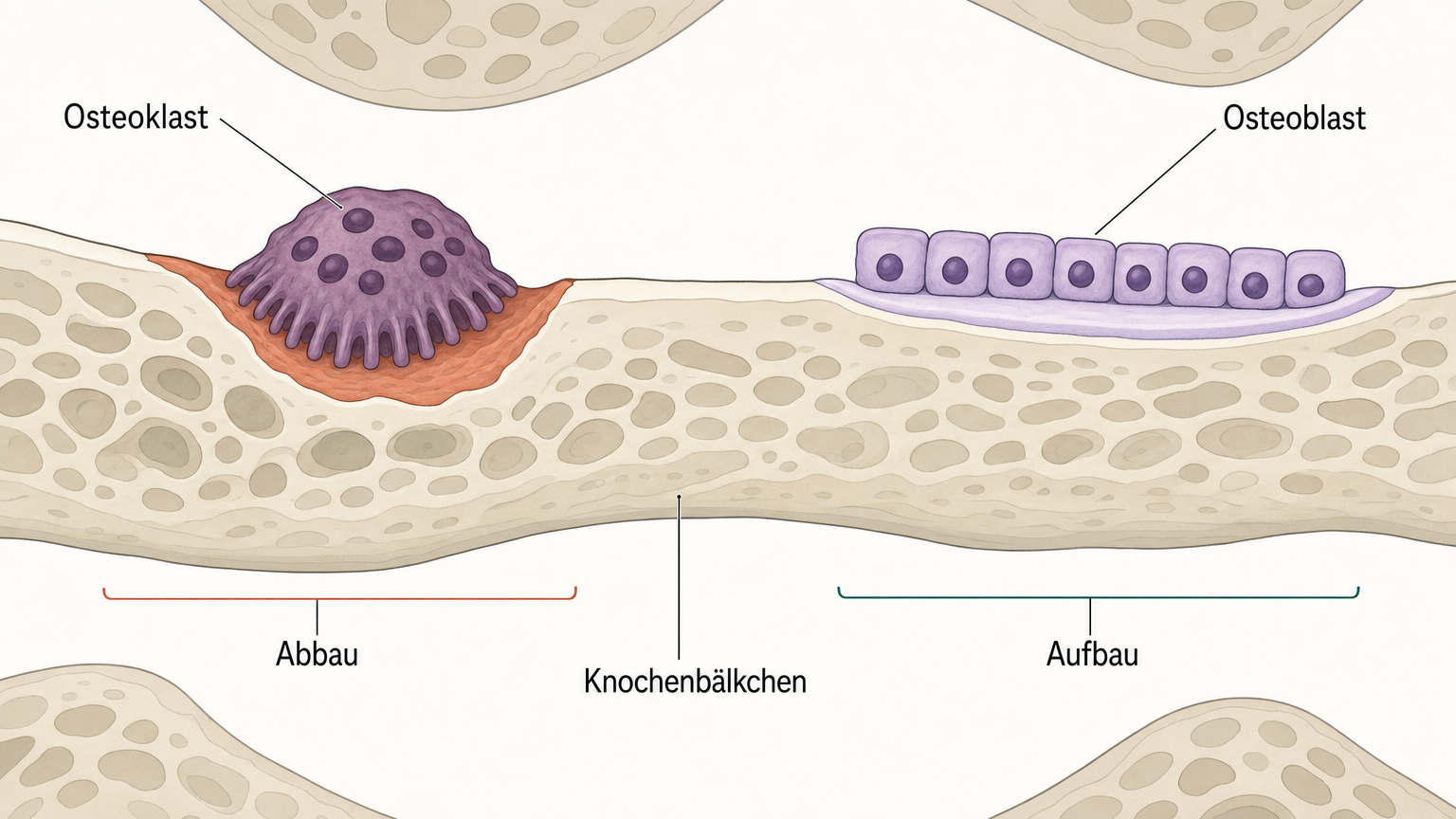 Schnitt durch ein Knochenbälkchen, links frisst eine große Abbauzelle eine Mulde in die Oberfläche, rechts legen kleine Aufbauzellen neue Knochensubstanz an.