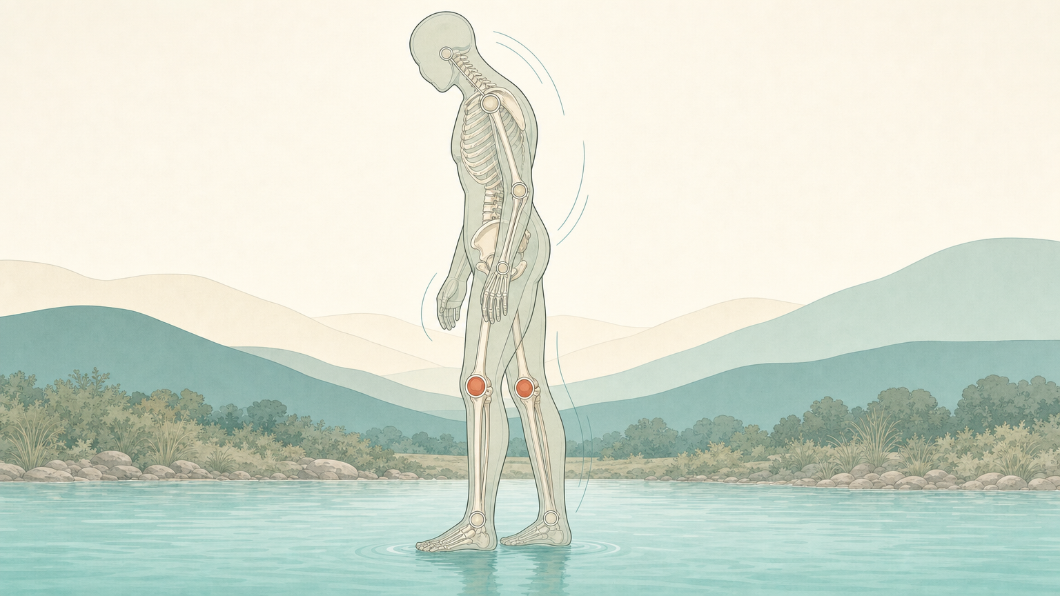Wissenschaftliche Grafikfigur steht barfuß bis zu den Knöcheln in flachem Flusswasser, das Skelett scheint durch und beide Kniegelenke sind terrakottafarben markiert
