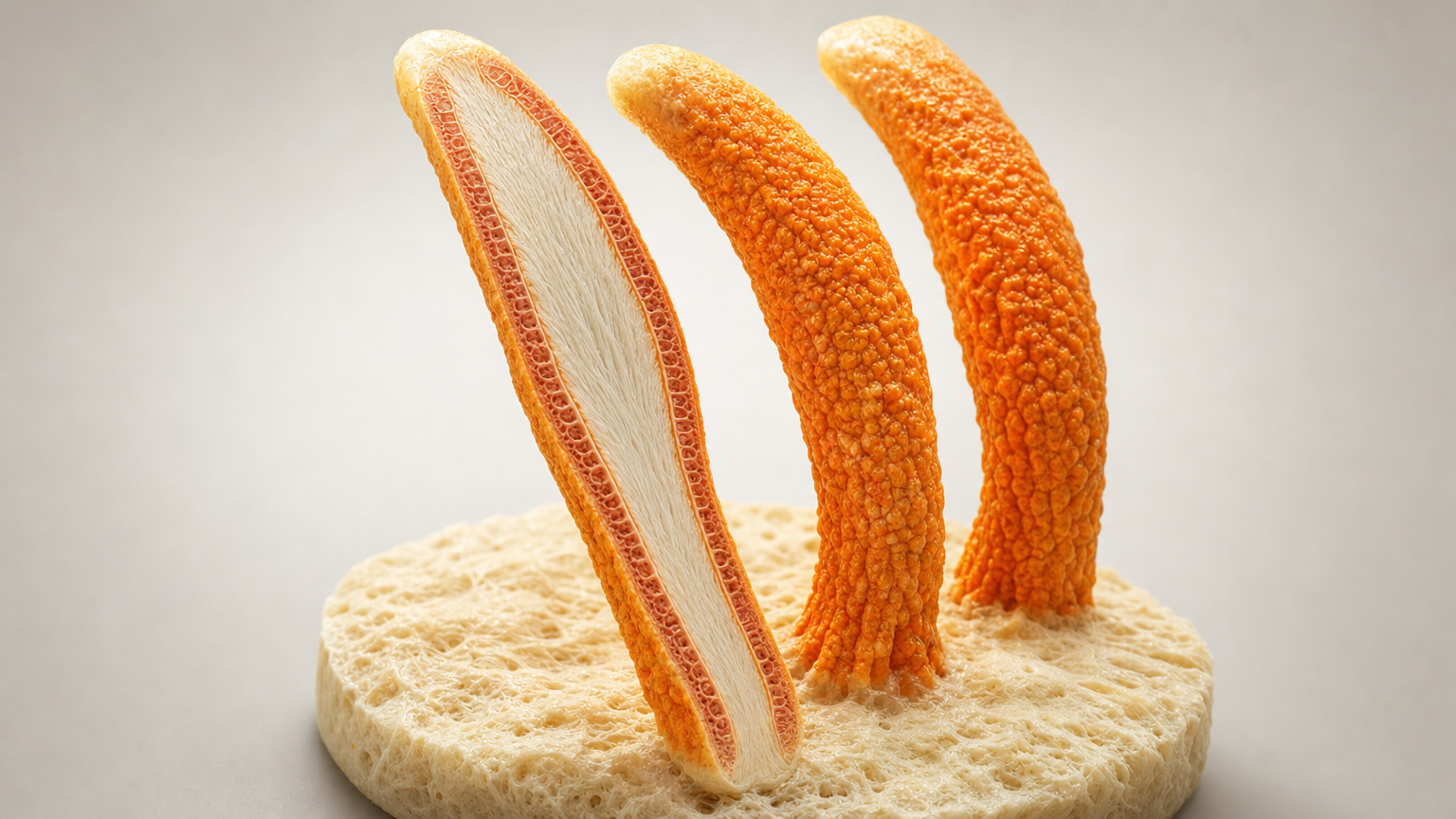 3D-Modell dreier keulenförmiger oranger Cordyceps-Fruchtkörper auf einer hellen Nährbodenscheibe, der vordere längs aufgeschnitten mit faserigem Inneren