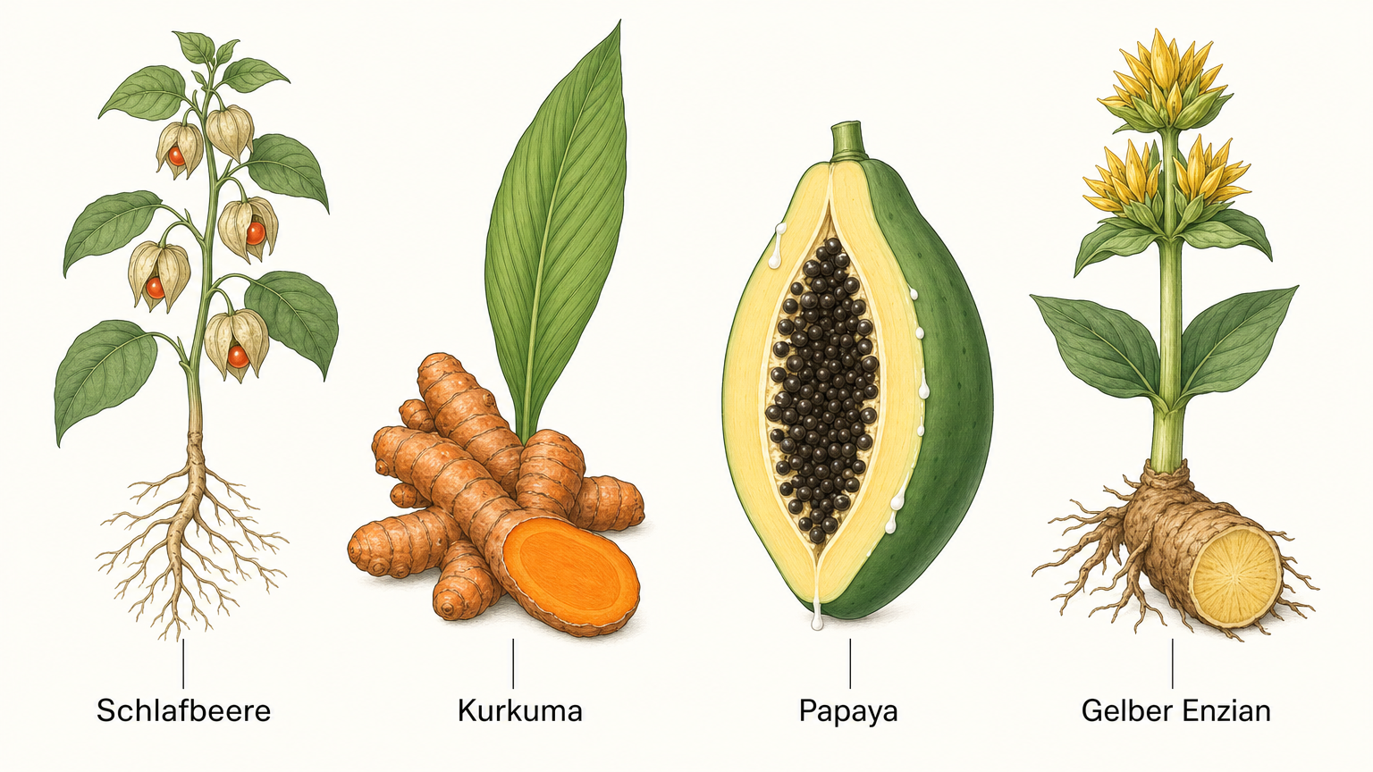 Botanische Tafel mit Schlafbeere samt Wurzel und roten Beeren, aufgeschnittenem Kurkuma-Rhizom, längs geöffneter unreifer Papaya mit Kernen und Gelbem Enzian mit Wurzelschnitt