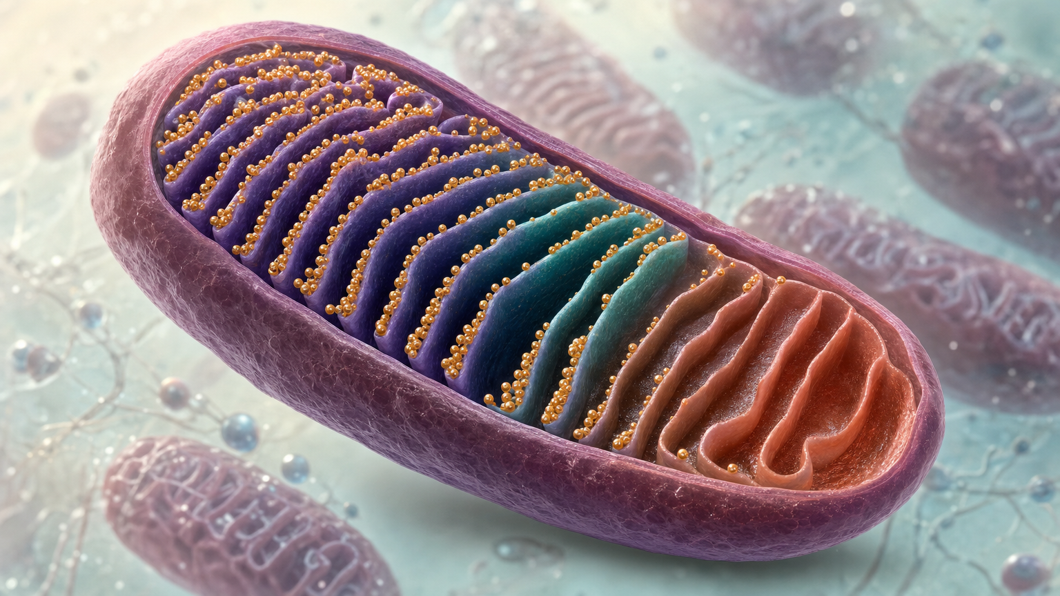 3D-Innenansicht eines aufgeschnittenen Mitochondriums mit gefalteter Innenmembran, darauf bernsteinfarbene Kügelchen als Coenzym Q10, ein spärlich besetzter Abschnitt terrakottafarben hervorgehoben