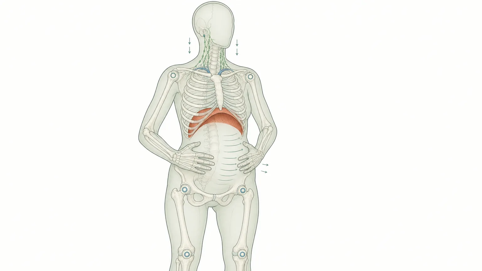 Wissenschaftliche Grafikfigur mit Händen auf dem Bauch, durchscheinendem Skelett, Zwerchfell und Lymphbahnen