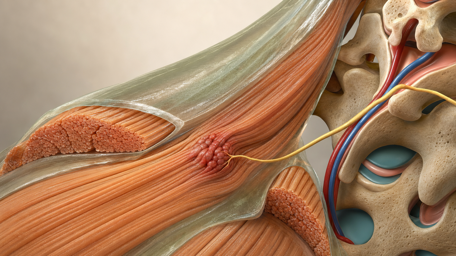 3D-Nahaufnahme des oberen Trapezmuskels zwischen Nacken und Schulter mit aufgeschnittenen Faserbündeln, eine knotig verdichtete Faserzone terrakottafarben hervorgehoben, daneben ein gelber Nervenstrang zur Wirbelsäule