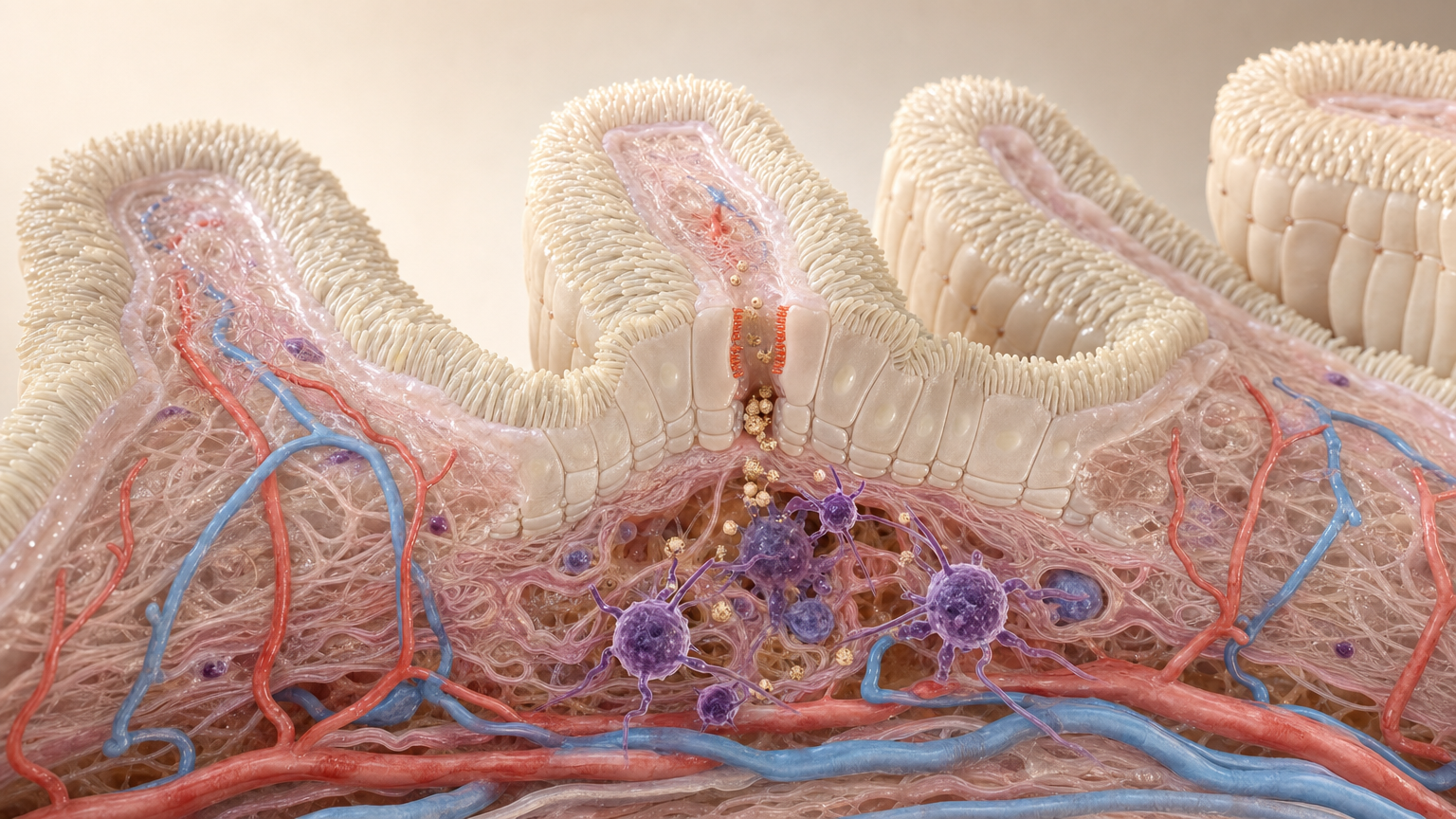 3D-Schnitt durch die Darmwand mit Zotten, an einer terrakottafarben markierten Lücke zwischen zwei Epithelzellen dringen Nahrungspartikel zu den pflaumenfarbenen Immunzellen unter der Schleimhaut