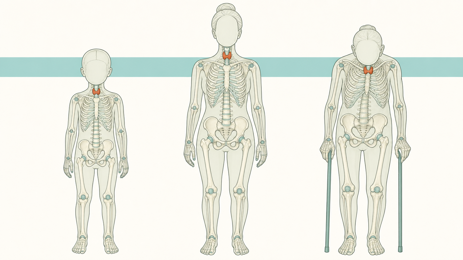 Drei wissenschaftliche Grafikfiguren unterschiedlichen Alters nebeneinander, bei jeder ist die Schilddrüse am Hals terrakottafarben hervorgehoben