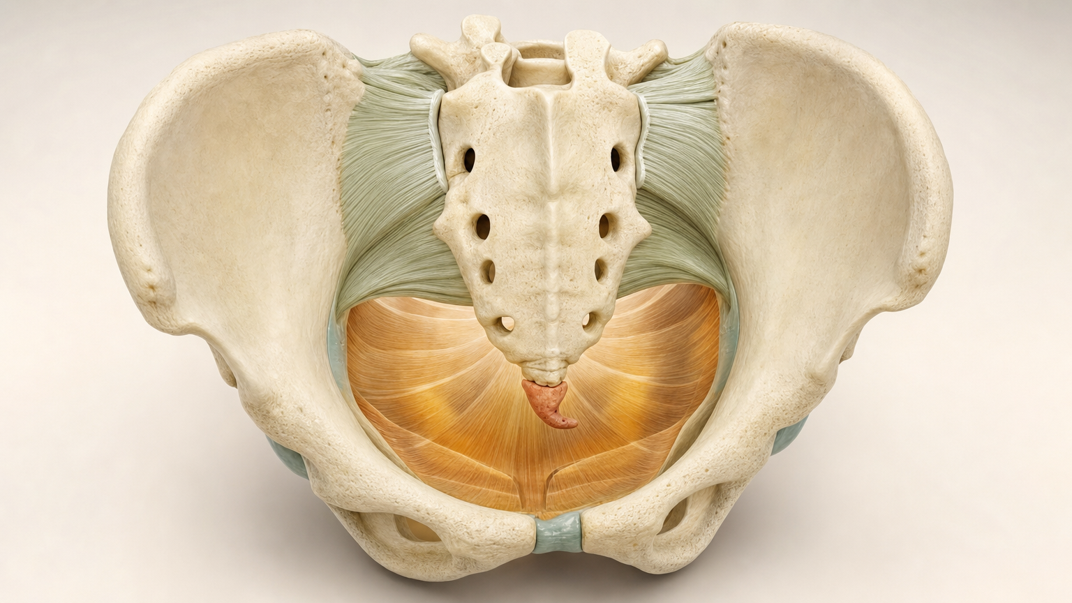 3D-Modell eines weiblichen Beckens von schräg hinten mit Kreuzbein, Iliosakralgelenken und einem nach hinten gekippten, terrakottafarben hervorgehobenen Steißbein über der bernsteinfarbenen Beckenbodenplatte