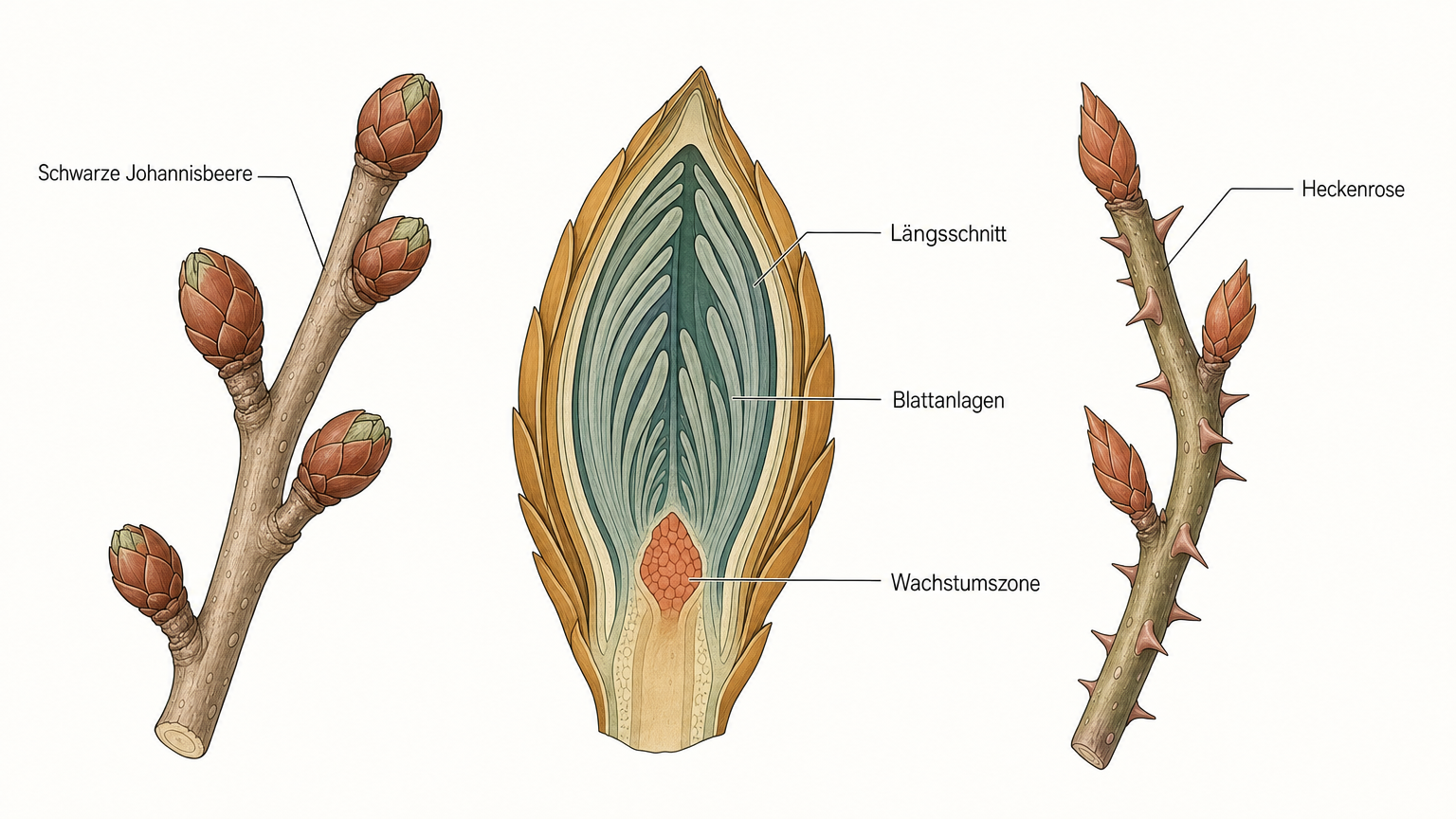 Botanische Tafel mit Zweigen der Schwarzen Johannisbeere und der Heckenrose, deren Knospen kurz vor dem Aufspringen stehen, dazwischen eine Knospe im Längsschnitt vergrößert