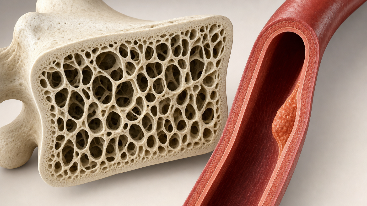 Wissenschaftliches 3D-Modell eines Wirbelkörpers im Längsschnitt mit ausgedünnten Knochenbälkchen neben einer längs aufgeschnittenen Arterie, in deren Wand eine terrakottafarbene Plaque die Strombahn einengt