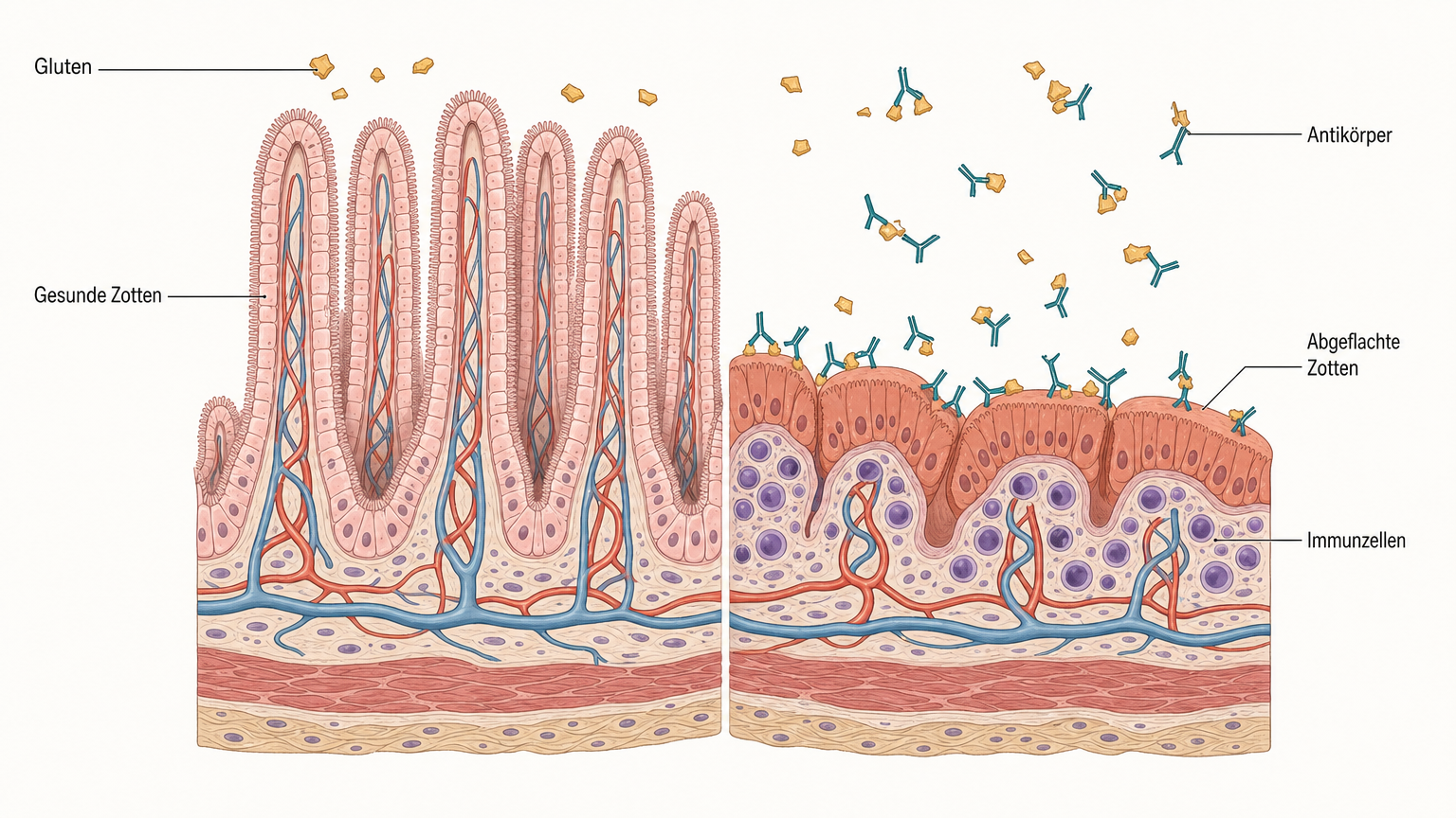 Schnitt durch die Dünndarmschleimhaut im Vergleich, links hohe rosafarbene Zotten, rechts abgeflachte terrakottafarbene Zotten mit Immunzellen, darüber Glutenbruchstücke und Antikörper