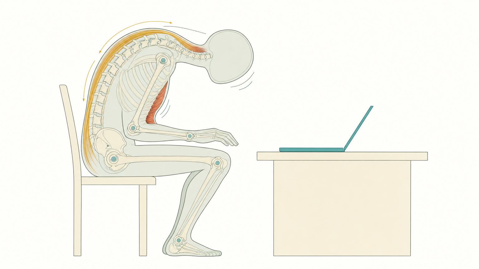 Wissenschaftliche Grafikfigur sitzt vorgebeugt an einem niedrigen Laptop, das Skelett scheint durch, das verkürzte vordere Muskelband vom Brustbein zum Becken ist terrakottafarben hervorgehoben