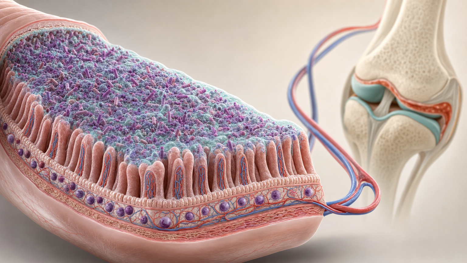 3D-Innenansicht eines aufgeschnittenen Darmabschnitts mit violettem Bakterienrasen auf den Zotten, darunter Immunzellen und ein Blutgefäß, das zu einem angeschnittenen Kniegelenk mit terrakottafarben entzündeter Gelenkinnenhaut führt