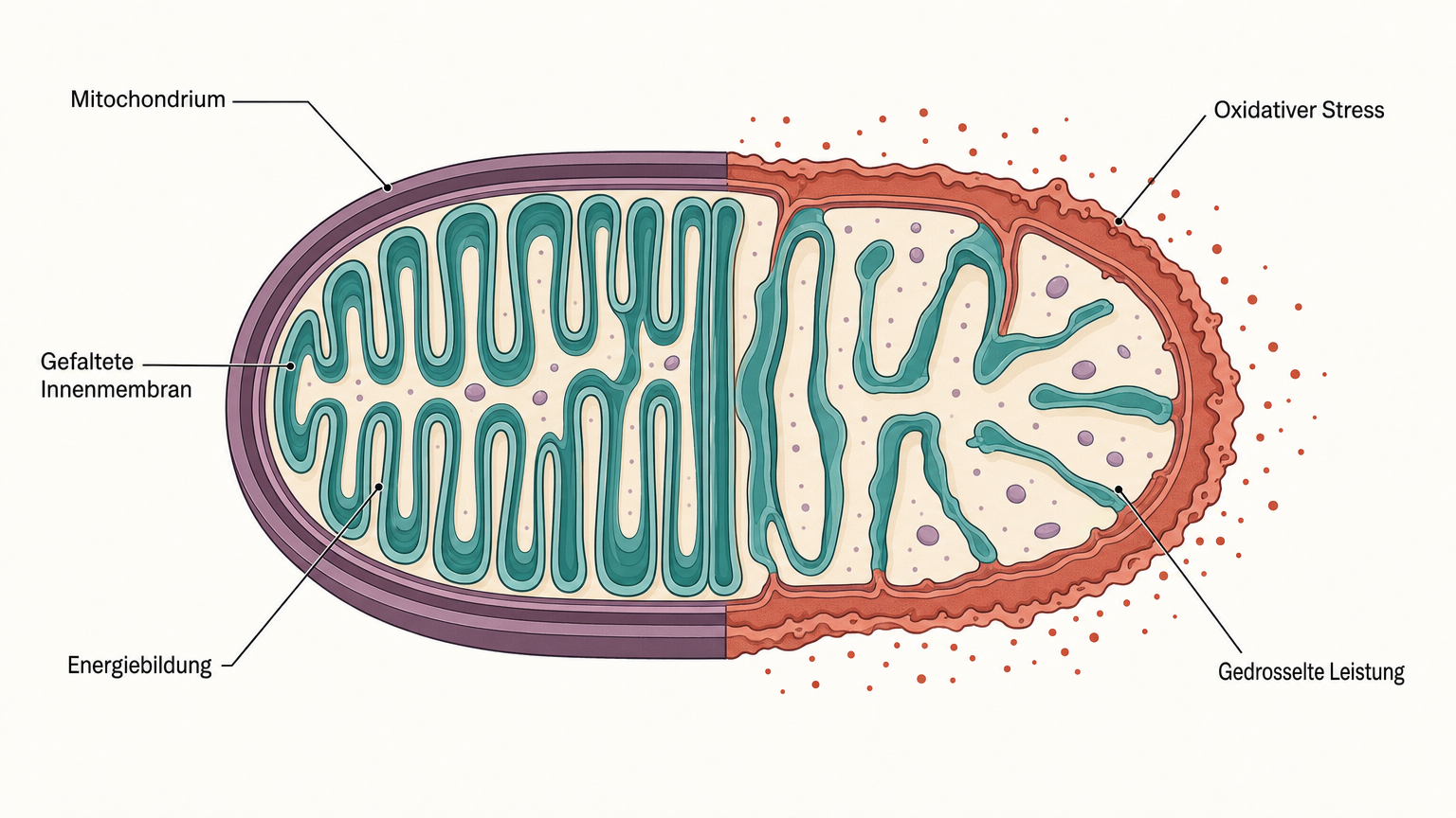 Lehrbuch-Schema eines Mitochondriums im Längsschnitt, links dicht gefaltete Innenmembran, rechts abgeflachte Falten und terrakottafarbene Partikel als Zeichen für oxidativen Stress