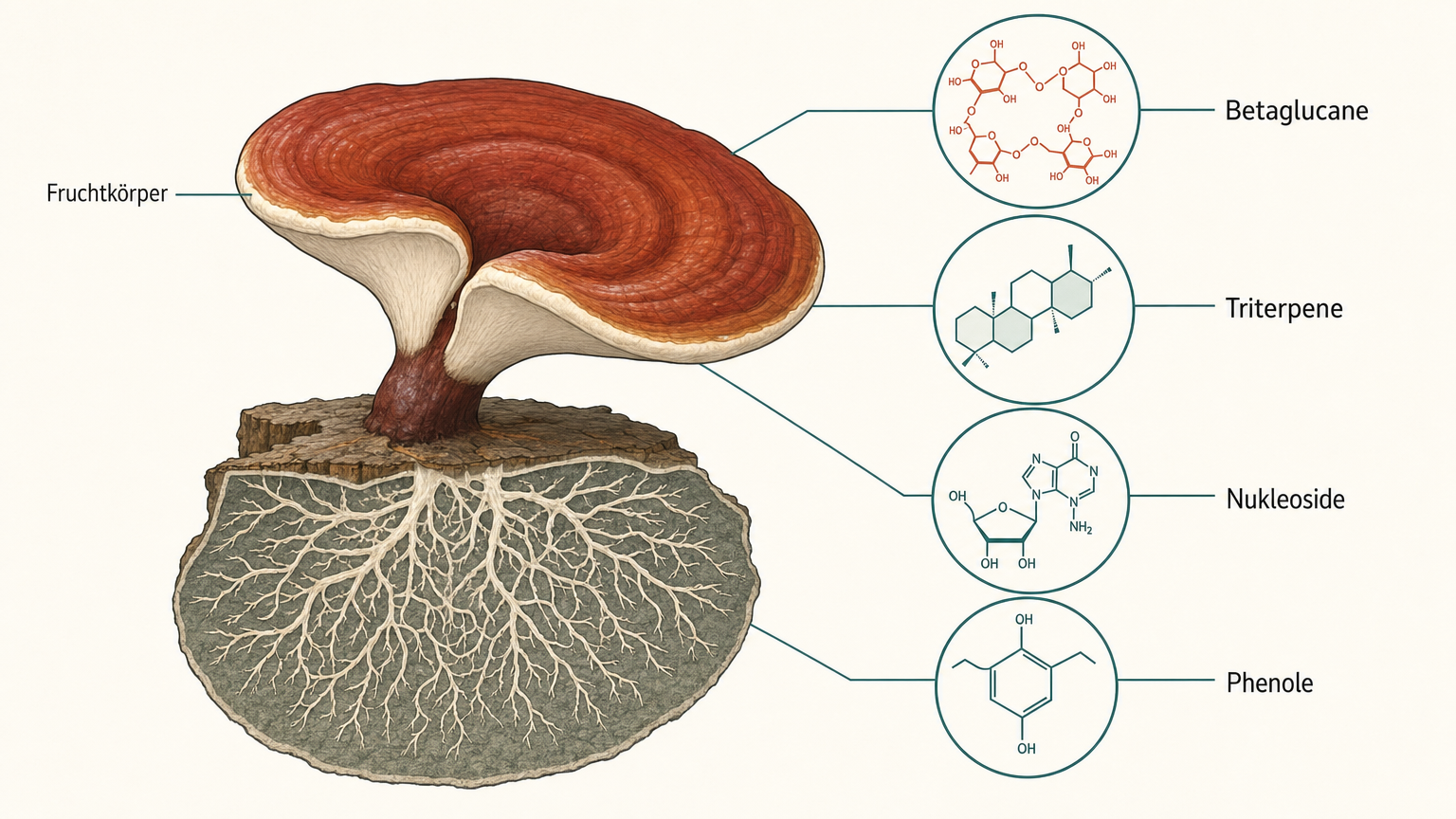 Botanische Tafel eines Reishi-Fruchtkörpers auf einem Holzstück mit darunter verlaufendem Myzelgeflecht, daneben vier Kreisausschnitte mit den Molekülschemata von Betaglucanen, Triterpenen, Nukleosiden und Phenolen