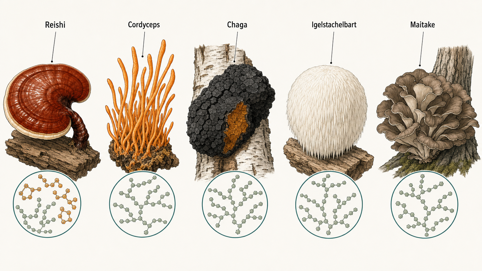 Botanische Tafel mit fünf Vitalpilzen nebeneinander, Reishi, Cordyceps, Chaga, Igelstachelbart und Maitake, darunter vergrößerte Ausschnitte ihrer verzweigten Zuckerketten und Ringmoleküle