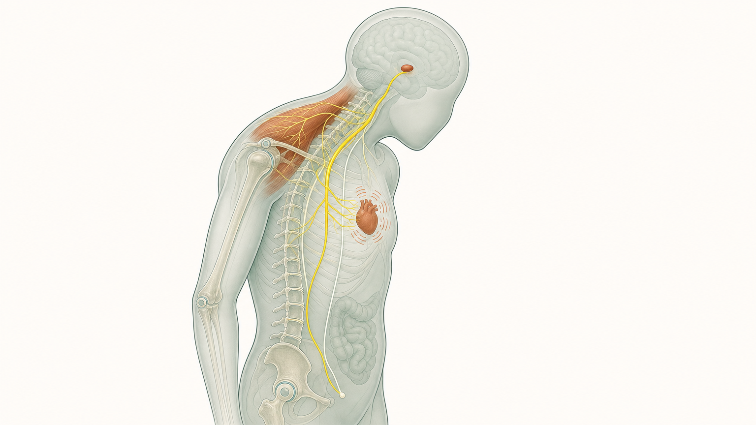 Wissenschaftliche Grafikfigur mit hochgezogenen Schultern von der Seite, im durchscheinenden Kopf der terrakottafarben markierte Mandelkern, von dort läuft eine kräftige gelbe Nervenbahn entlang der Wirbelsäule zum schnell schlagenden Herzen