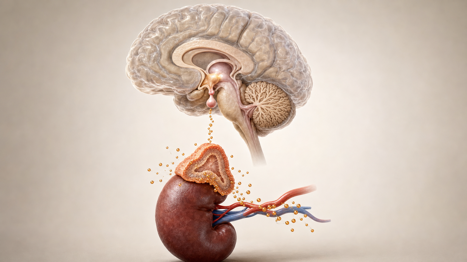 3D-Modell der Stressachse mit einem Gehirn im Medianschnitt samt Hypothalamus und Hypophyse, darunter eine Niere mit aufgeschnittener Nebenniere, deren terrakottafarbene Rinde kleine Hormonkugeln abgibt