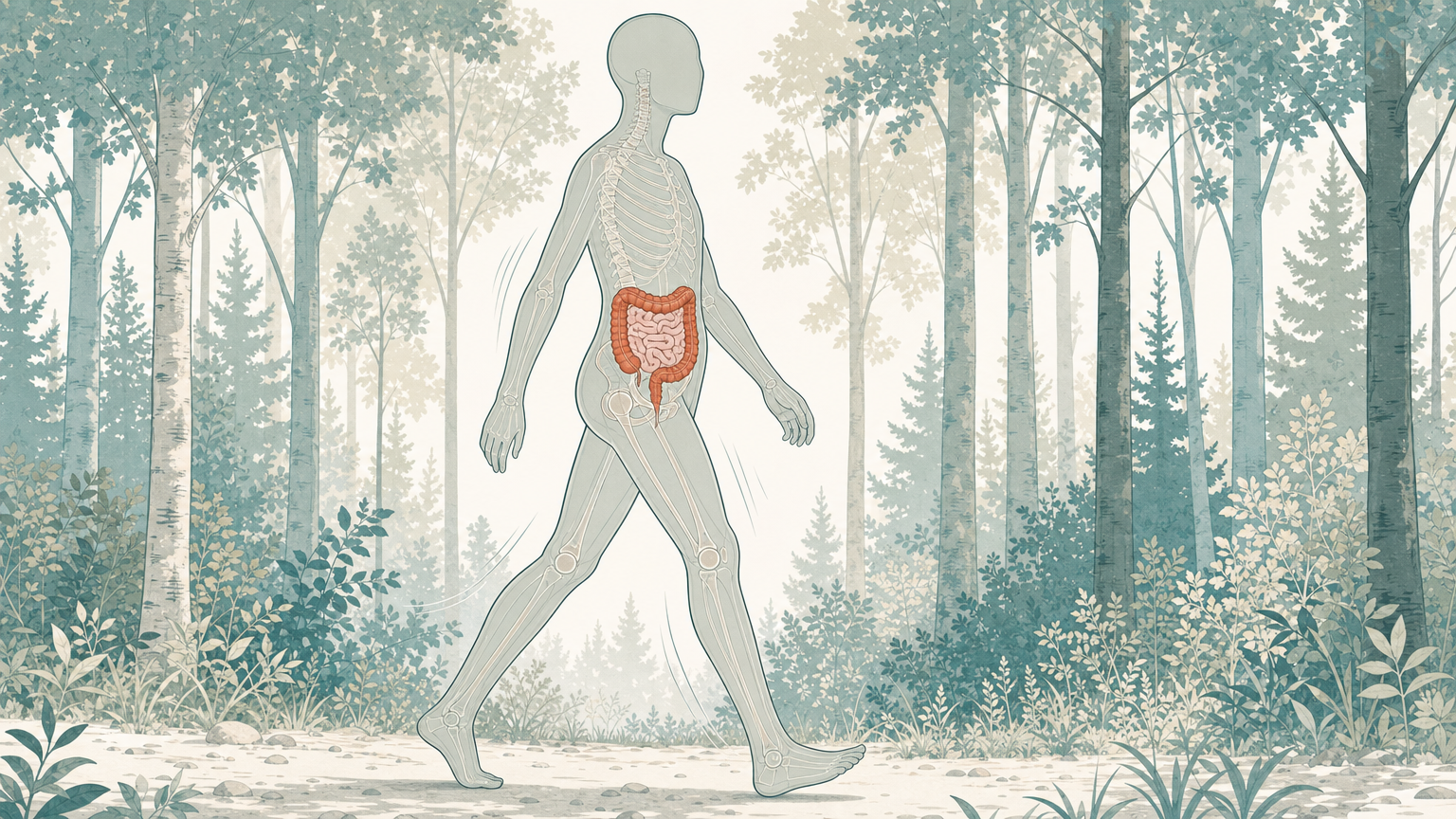 Wissenschaftliche Grafikfigur im Gehschritt auf einem Waldweg, in der durchscheinenden Silhouette der Verdauungstrakt mit terrakottafarben hervorgehobenem Dickdarm