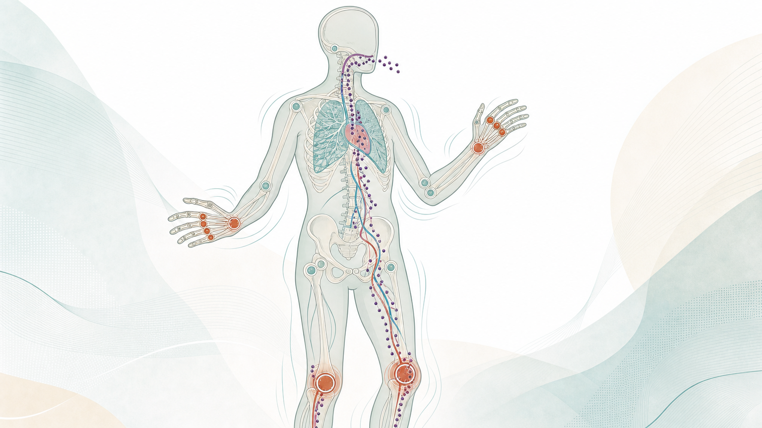 Wissenschaftliche Grafikfigur mit durchscheinendem Skelett, Finger, Handgelenke und Knie terrakottafarben markiert, ein Strom kleiner Viruspartikel zieht von den Atemwegen durch den Körper zu den Gelenken