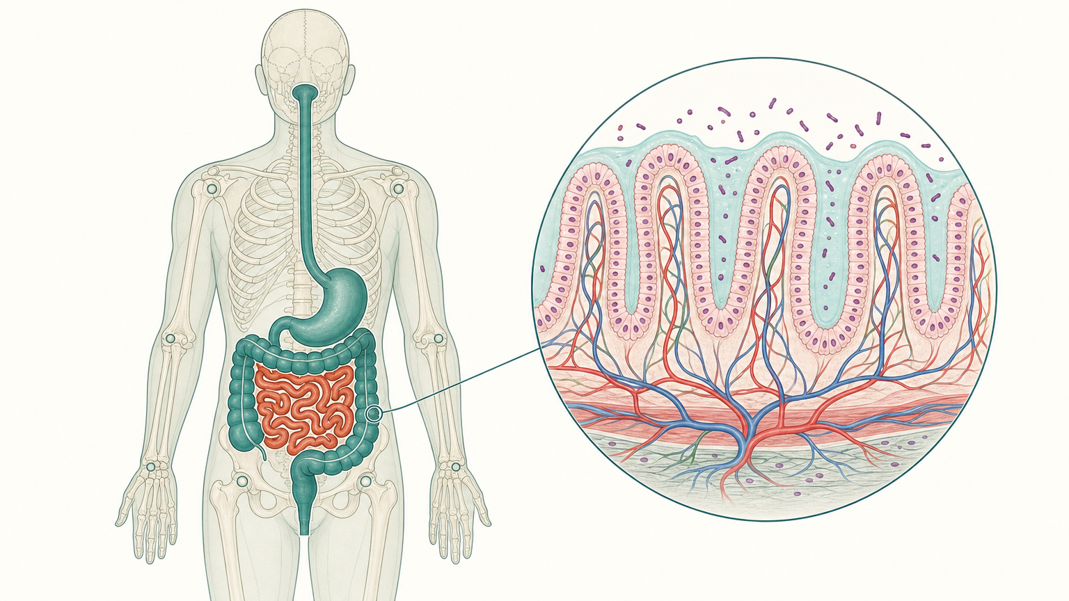 Wissenschaftliche Grafikfigur mit durchscheinendem Skelett und eingezeichnetem Verdauungskanal von Mund bis Darm, die Dünndarmwand terrakottafarben hervorgehoben, rechts ein vergrößerter Ausschnitt der Darmwand mit Zotten