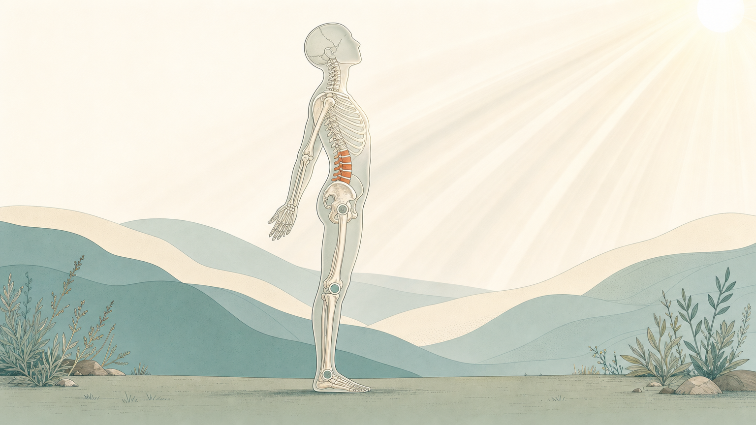 Wissenschaftliche Grafikfigur steht aufrecht im Morgenlicht, Sonnenstrahlen fallen von schräg oben auf Kopf und Augen, das Skelett scheint durch und die Lendenwirbelsäule ist terrakottafarben markiert