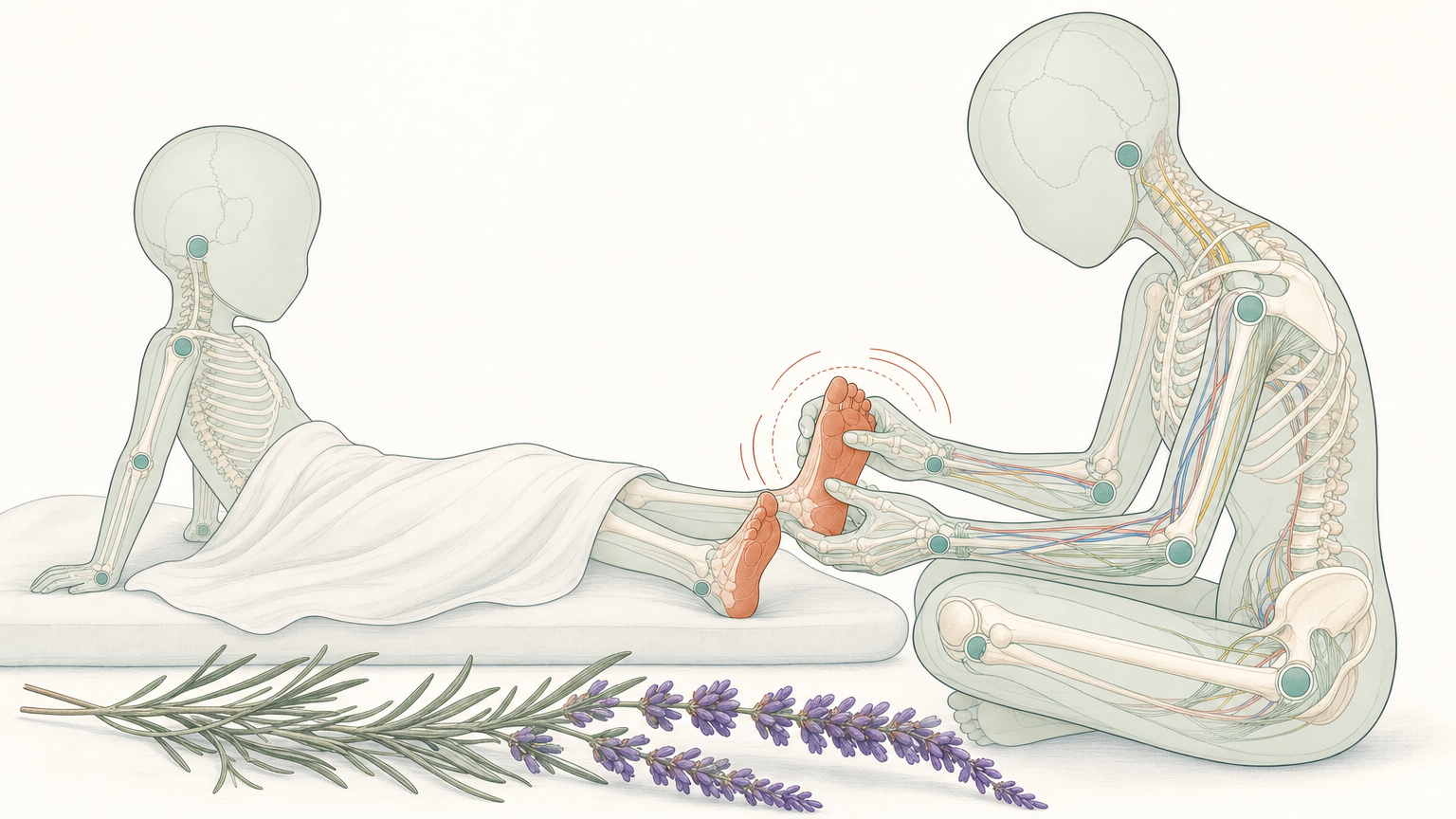 Wissenschaftliche Grafikfigur eines liegenden Kindes, dessen Fußsohlen von einer sitzenden erwachsenen Figur massiert werden, davor ein Lavendelzweig