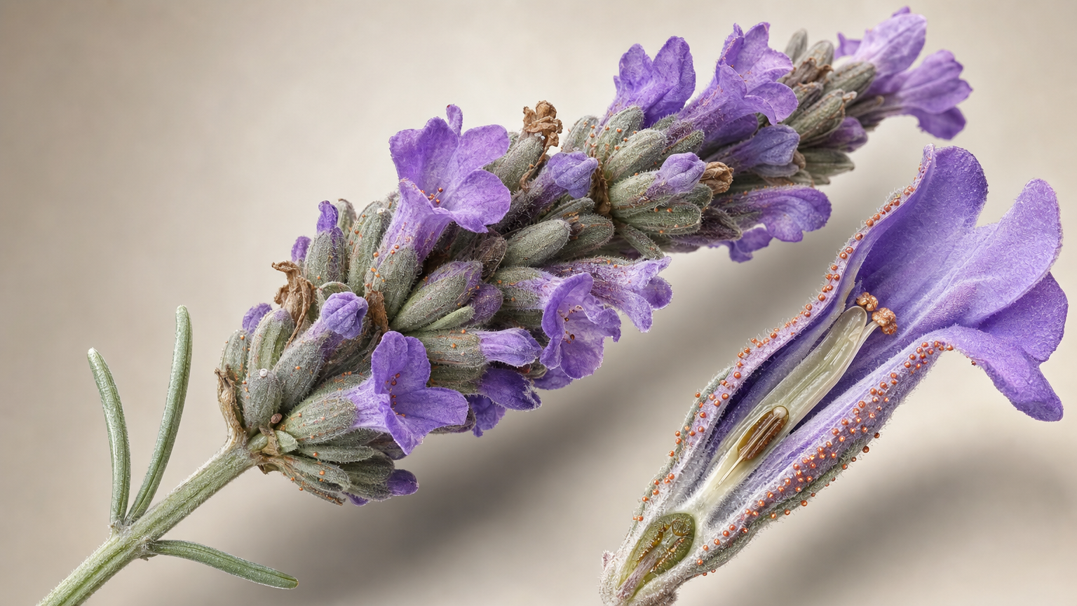 3D-Modell eines Lavendel-Blütenstands mit einer längs aufgeschnittenen Einzelblüte, deren Öldrüsen terrakottafarben hervorgehoben sind