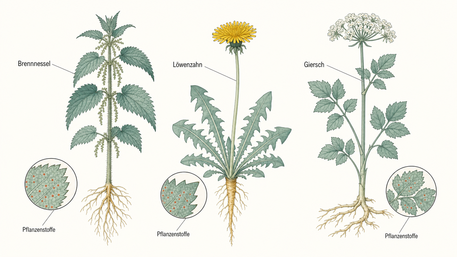 Botanische Tafel mit Brennnessel, Löwenzahn und Giersch in ganzer Höhe, darunter Lupenausschnitte, in denen terrakottafarbene Punkte die Pflanzenstoffe im Blatt andeuten