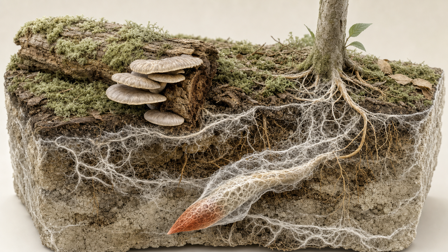 3D-Schnittmodell eines Waldbodens, auf einem bemoosten Stamm wächst ein Seitling, unter der Oberfläche verbinden weiße Pilzfäden den Stamm mit feinen Baumwurzeln, eine umhüllte Wurzelspitze ist terrakottafarben hervorgehoben