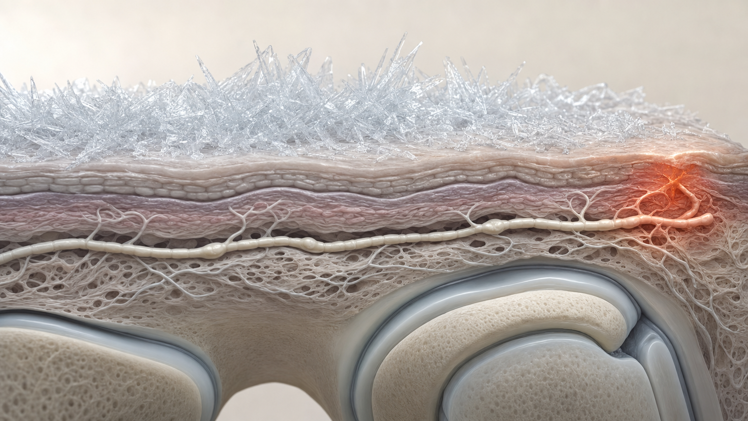 3D-Rendering eines Hautquerschnitts unter Eiskristallen mit verengten Gefäßen und ruhigem Nervenstrang