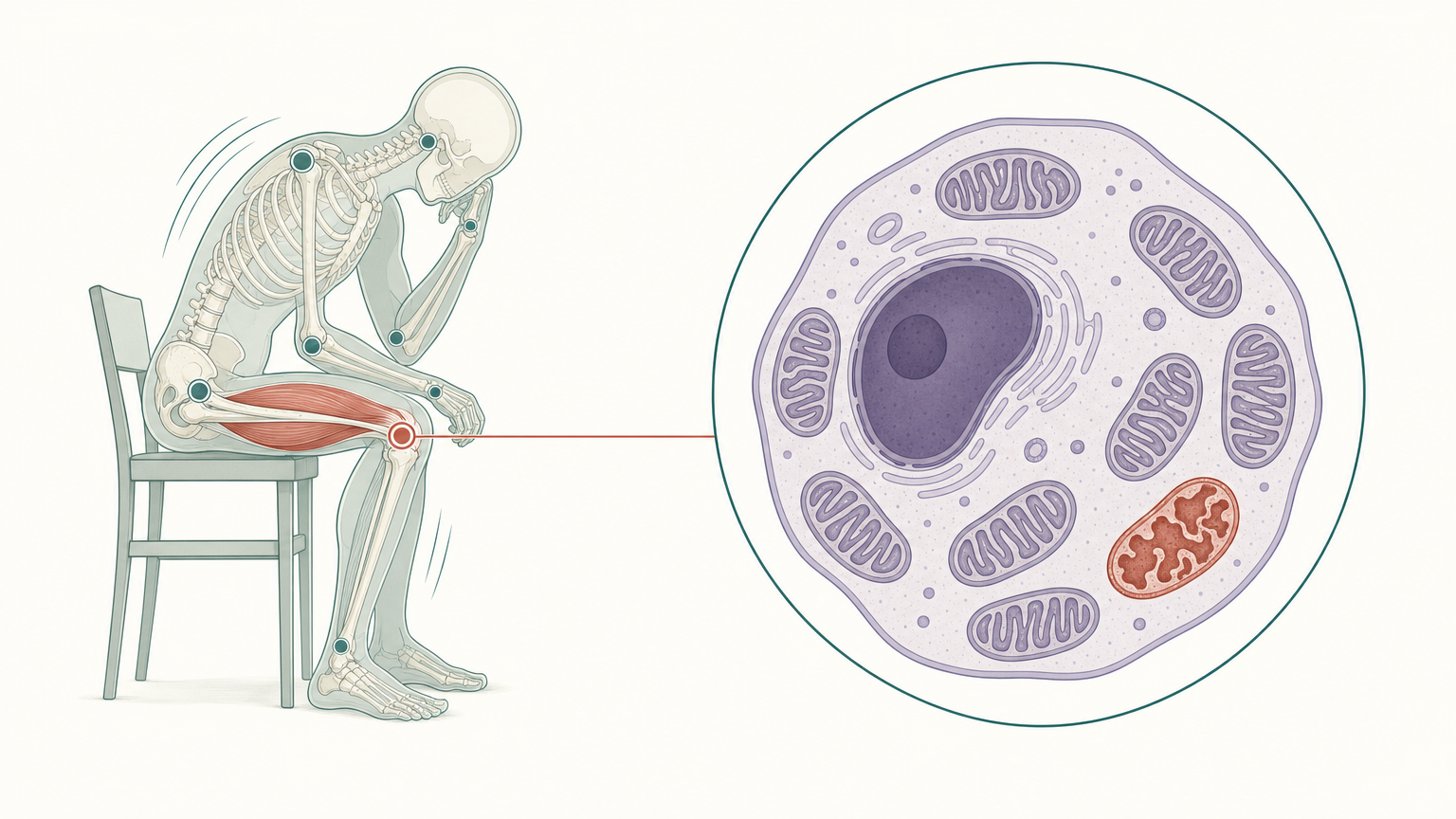 Wissenschaftliche Grafikfigur sitzt erschöpft auf einem Stuhl, ein Kreisausschnitt zeigt eine Muskelzelle mit mehreren Mitochondrien, eines davon geschrumpft und terrakottafarben hervorgehoben