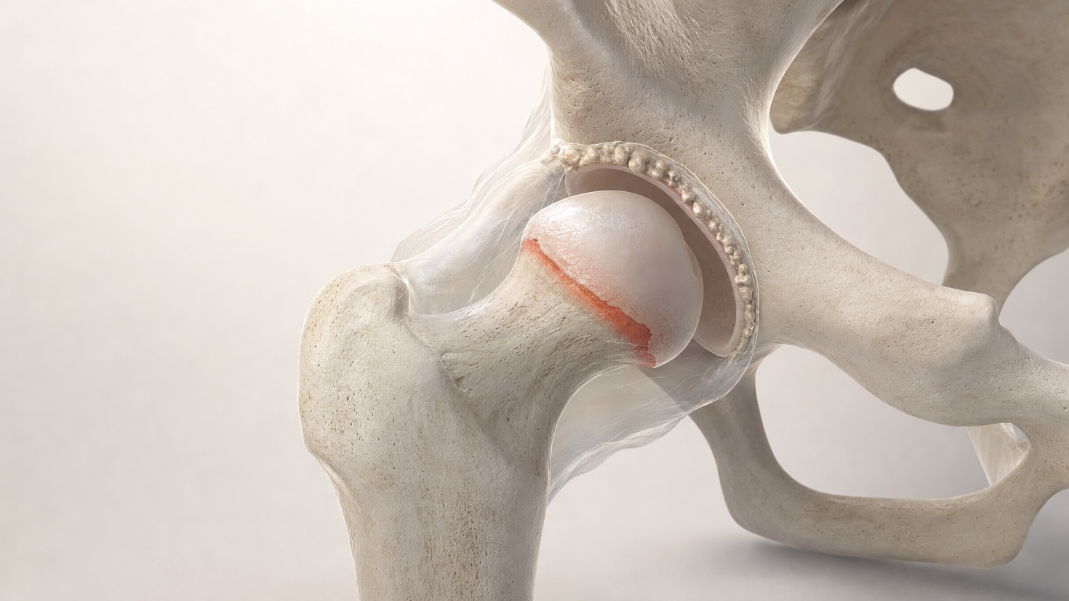 3D-Rendering eines Hüftgelenks mit halbtransparenter Kapsel und hervorgehobener Knorpelabnutzung am Hüftkopf