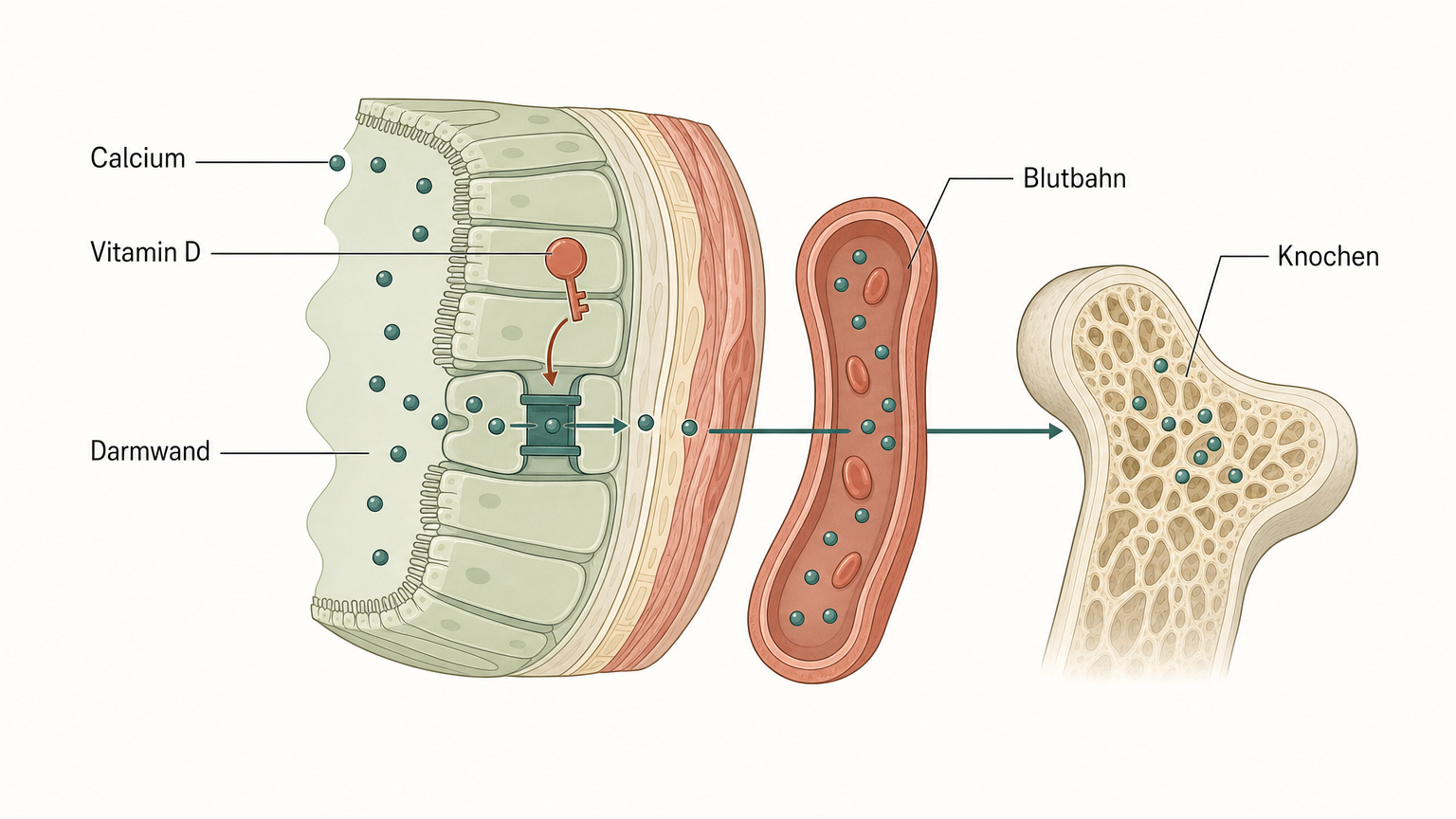 Schematische Illustration, wie Vitamin D die Calcium-Aufnahme in der Darmwand öffnet und Calcium den Knochen erreicht