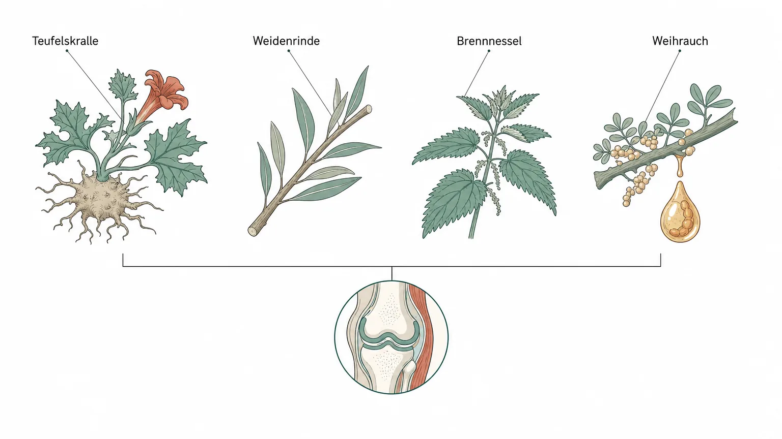 Botanische Schematafel mit Teufelskralle, Weidenrinde, Brennnessel und Weihrauch über einem Kniegelenk