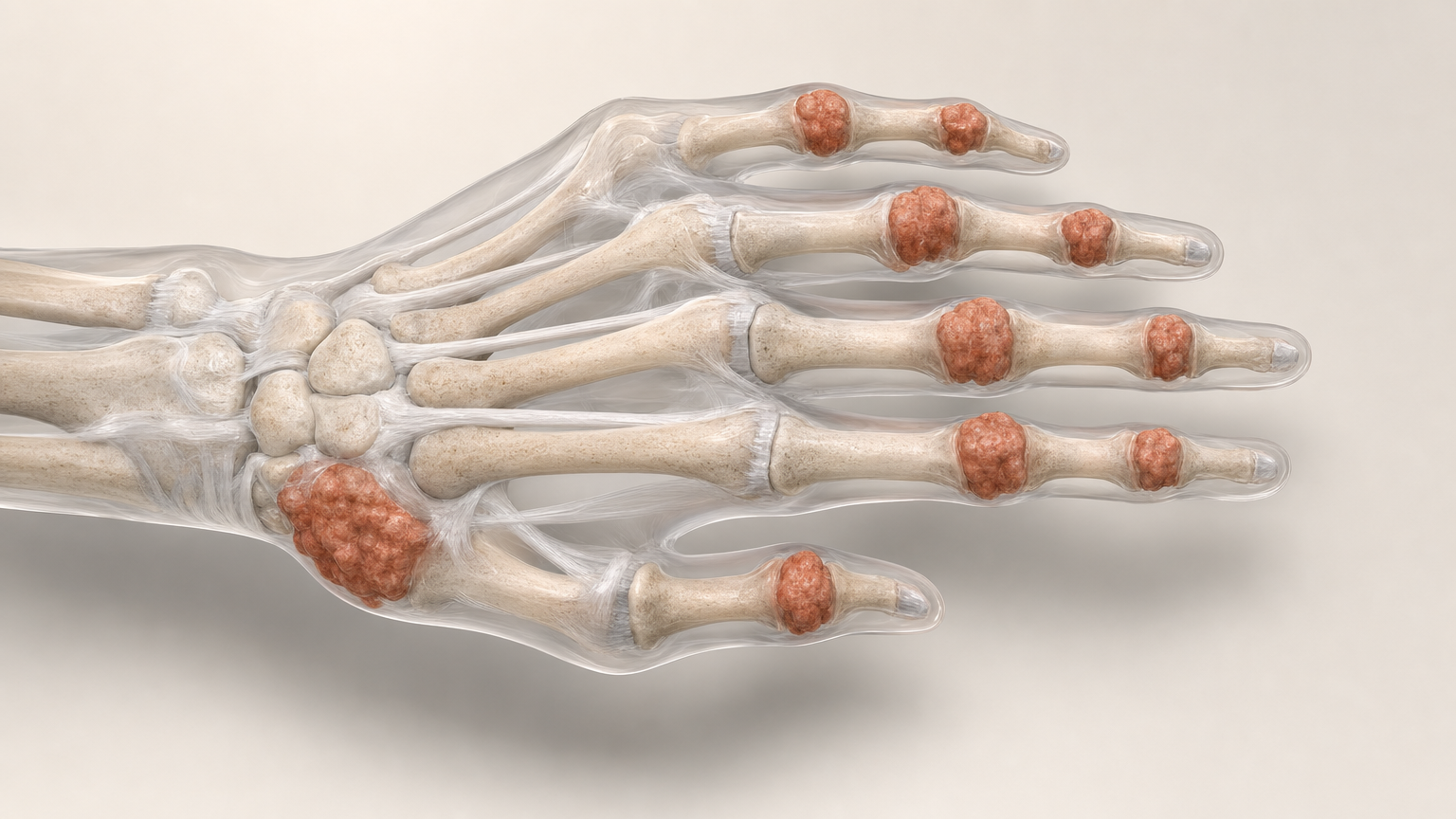 3D-Rendering einer Hand mit knotig verdickten Fingerend- und Mittelgelenken und verdicktem Daumensattelgelenk