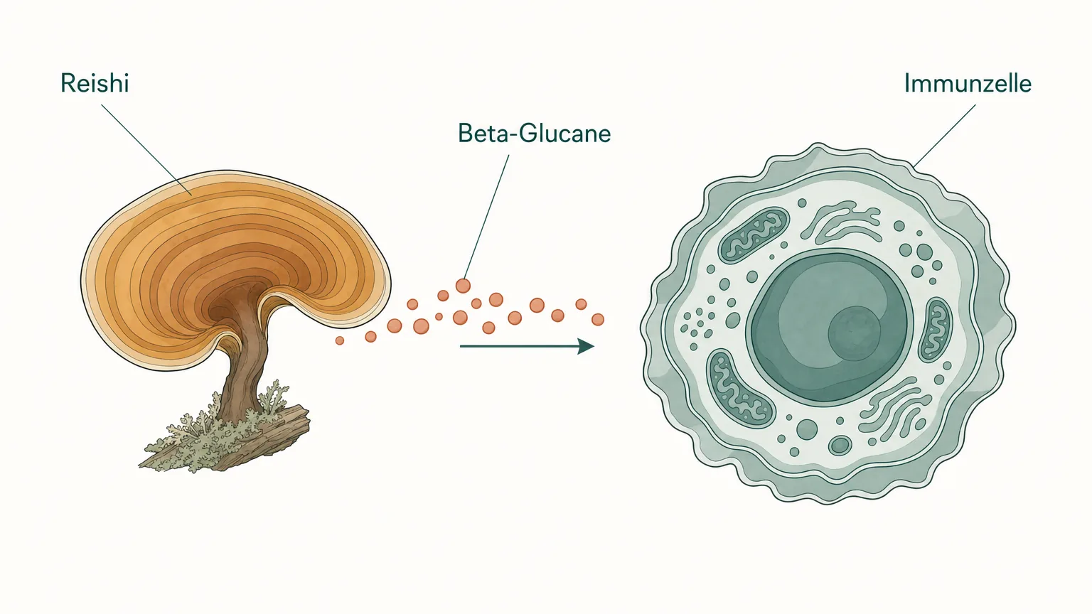 Schematische Illustration eines Reishi-Pilzes, Beta-Glucan-Molekülen und einer Immunzelle