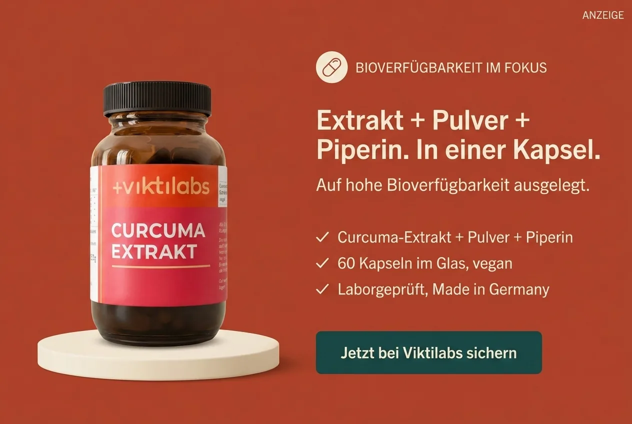 Viktilabs Curcuma-Kombination – Kapseln mit Curcuma-Extrakt, -Pulver und Piperin in pharmazeutischer Qualität.