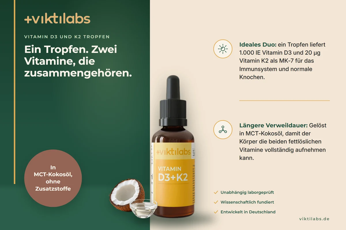 Anzeige: Viktilabs Vitamin D3 und K2 Tropfen in der Pipettenflasche